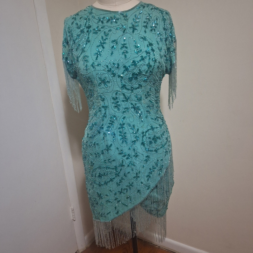 Blue Green Asymmetrical High-Low vintage beaded Cocktail Dress